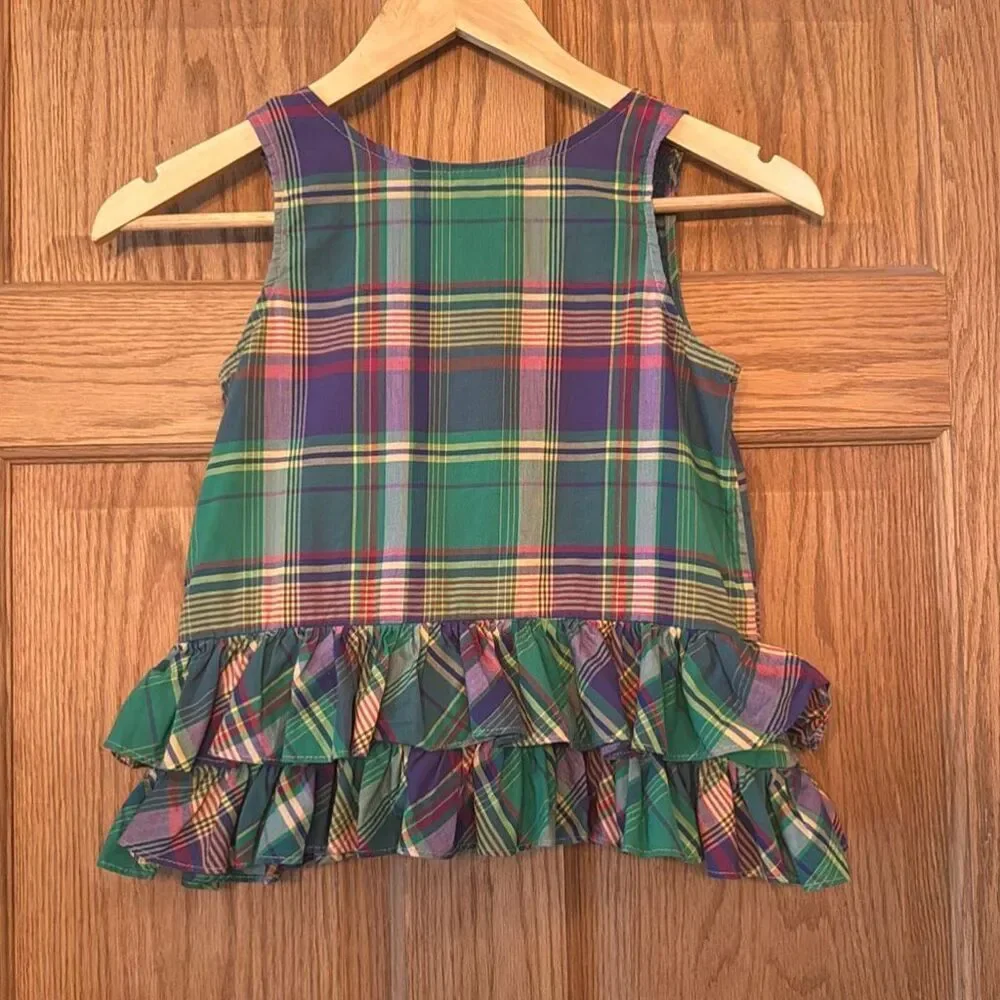 RALPH LAUREN Girls Plaid Ruffle Tank Top Madras Preppy Sleeveless